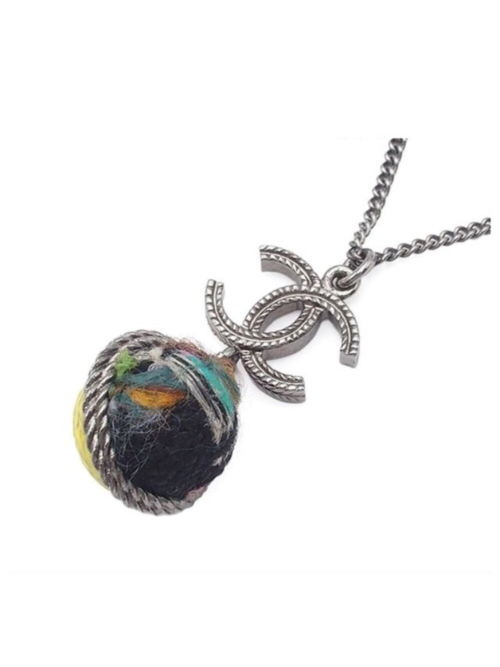 Chanel Necklace Silver Metal Tweed Ball Motif CC Logo